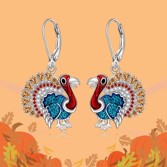 Christmas Sterling Silver Style Turkey Earrings Women's Dangle Jewelry - Picture 9 of 9